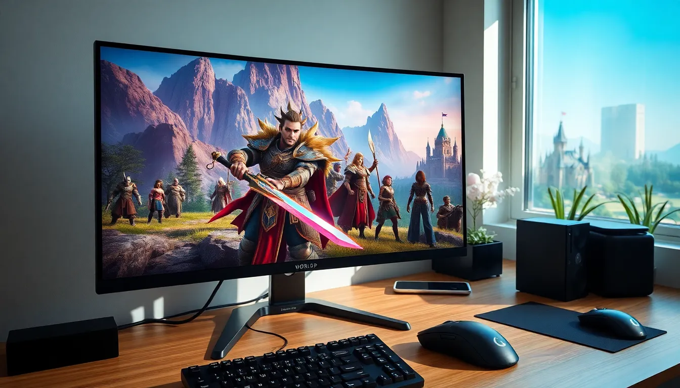 gaming setup showing characters from World of Warcraft in action.
