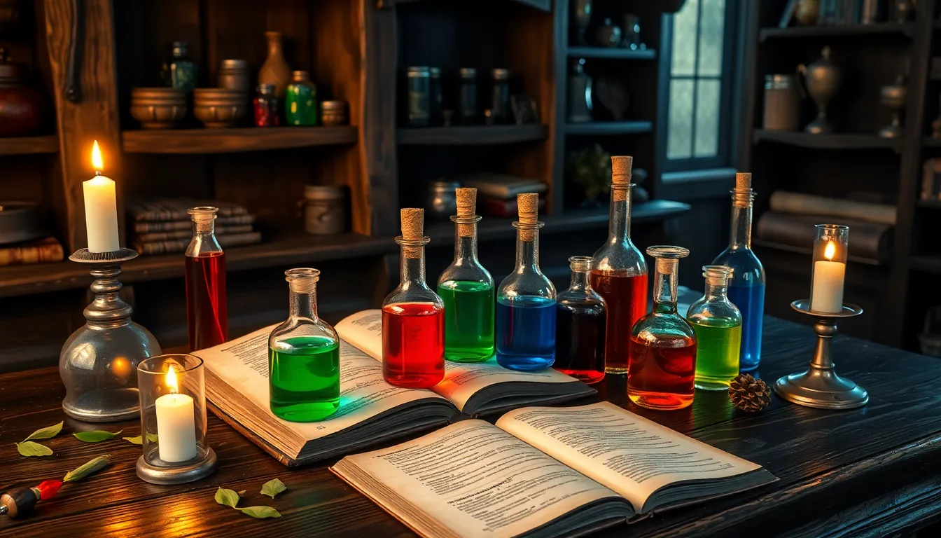 collection of colorful potions in a rustic apothecary setting.