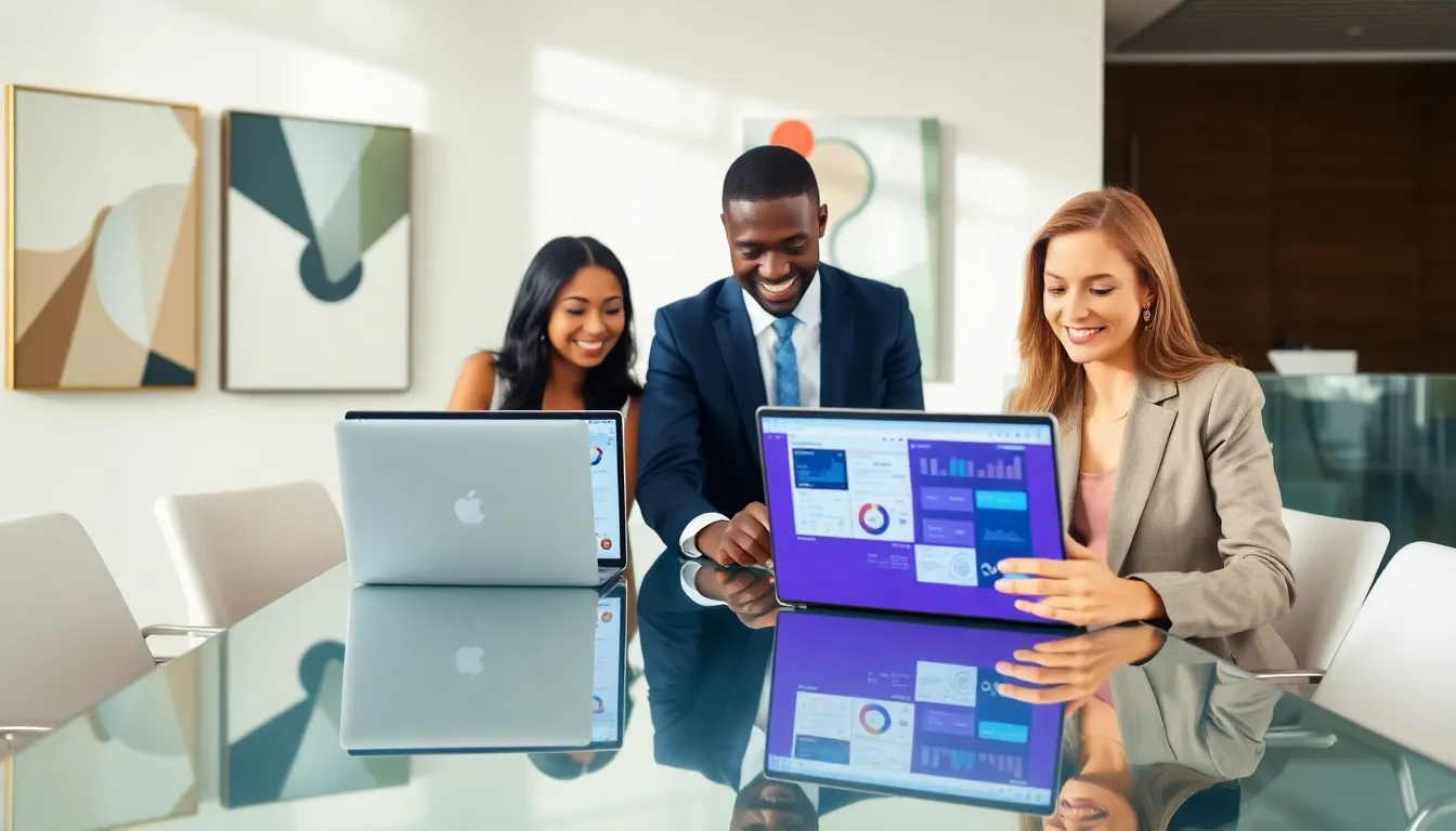 diverse team collaborating using Wow 3S software in a modern office.