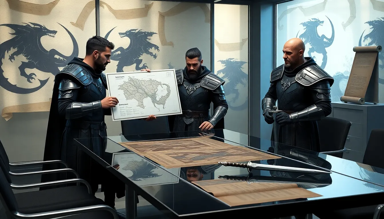 diverse group strategizing in a fantasy-themed modern conference setting.