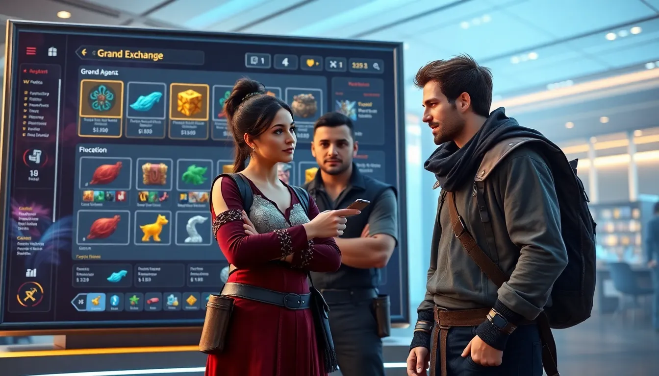 players discussing items in a digital marketplace interface.