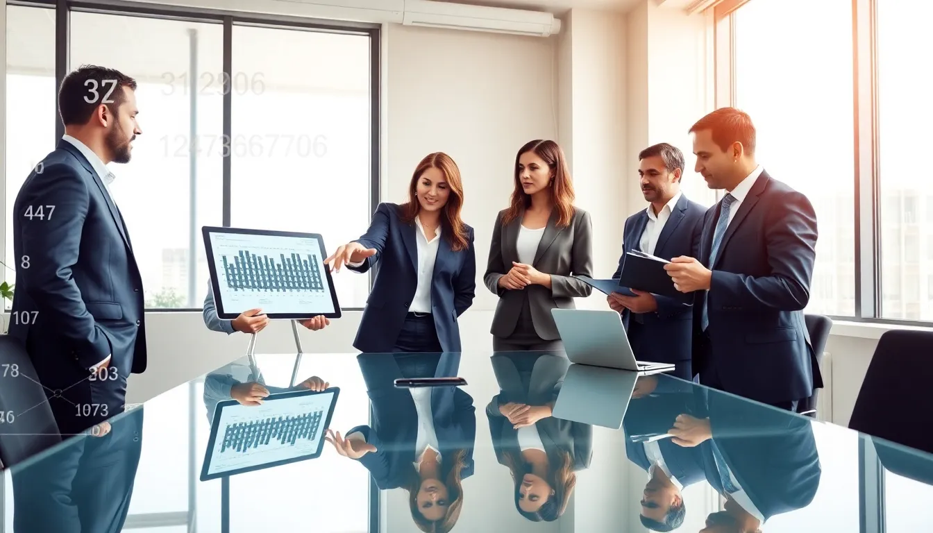 diverse professionals analyzing data in a modern office setting.